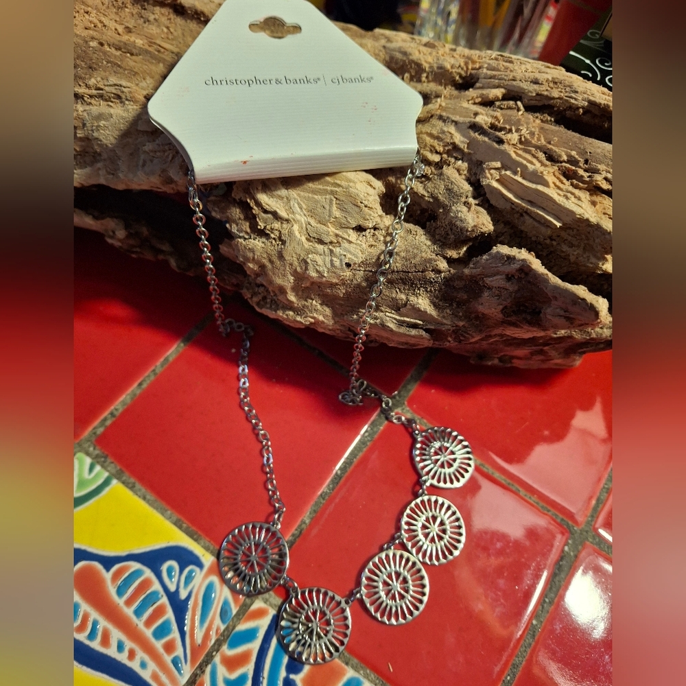 Christopher & Banks Silver Tone Spoked Medallion Necklace 20" Chain NWT